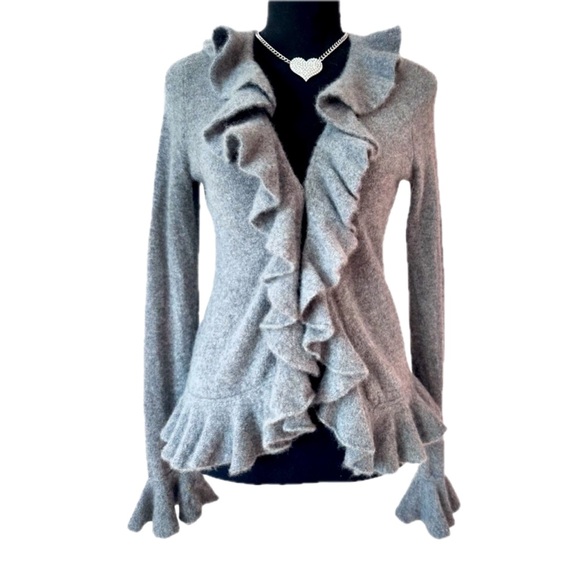 Peck & Peck Sweaters - PECK & PECK LUXURY ~ Heather Gray Ruffled Cardigan w/ Hidden Buttons size S
